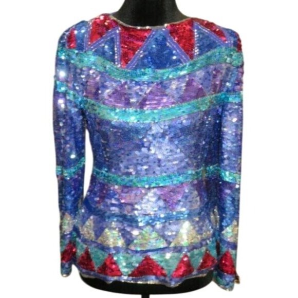 A.J. Bari Tops - A.J. Bari 100% Silk Shimmer Sequin Long Sleeve Evening Wear Top size 8 M Vintage